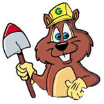 Groundhog mascot wearing a yellow cap and holding a red-tipped shovel, representing Groundhog Landscaping's services.