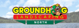 Groundhog Landscaping logo featuring a cartoon groundhog, emphasizing irrigation and landscaping services in a natural outdoor setting.