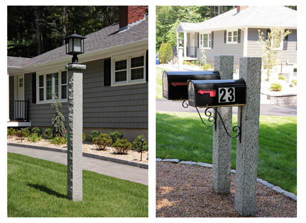 Granite driveway posts supporting mailboxes, showcasing durability and traditional New England landscaping style, with a residential setting in the background.