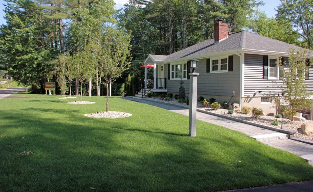 Landscape featuring a well-maintained lawn, granite walkway, and modern home exterior, enhancing curb appeal with trees and decorative stone accents.
