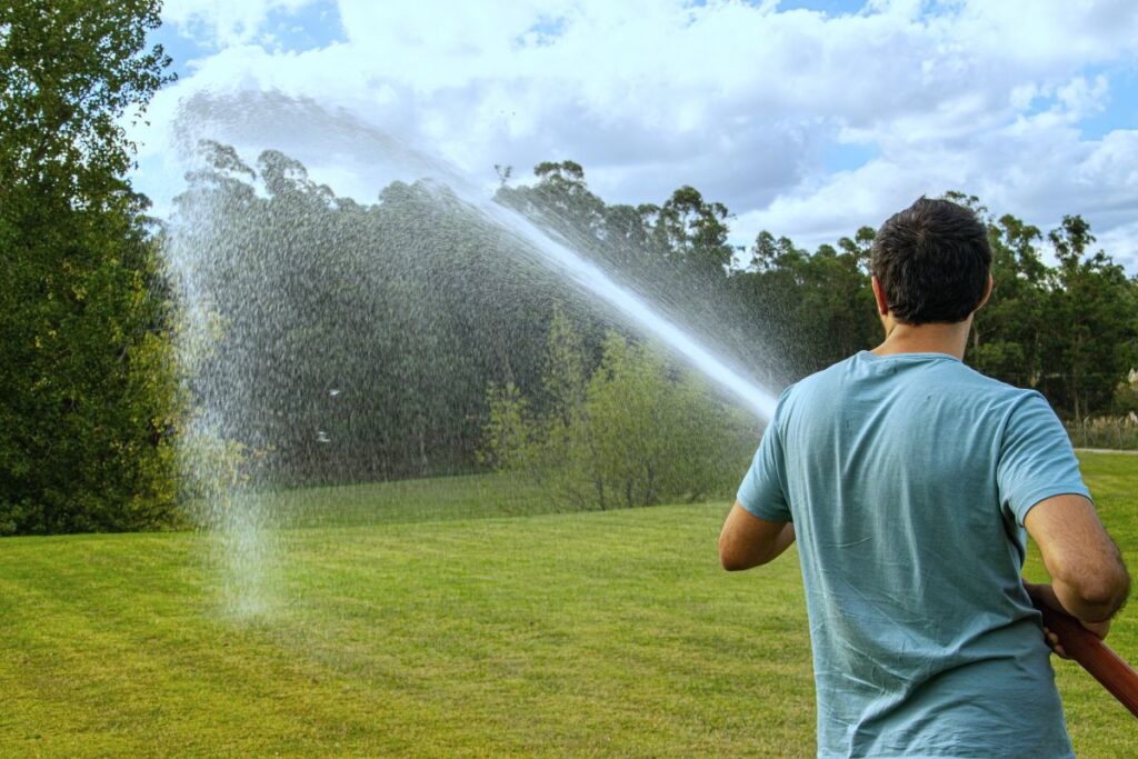 Person watering a lawn with a hose, demonstrating manual irrigation techniques for maintaining healthy landscapes.