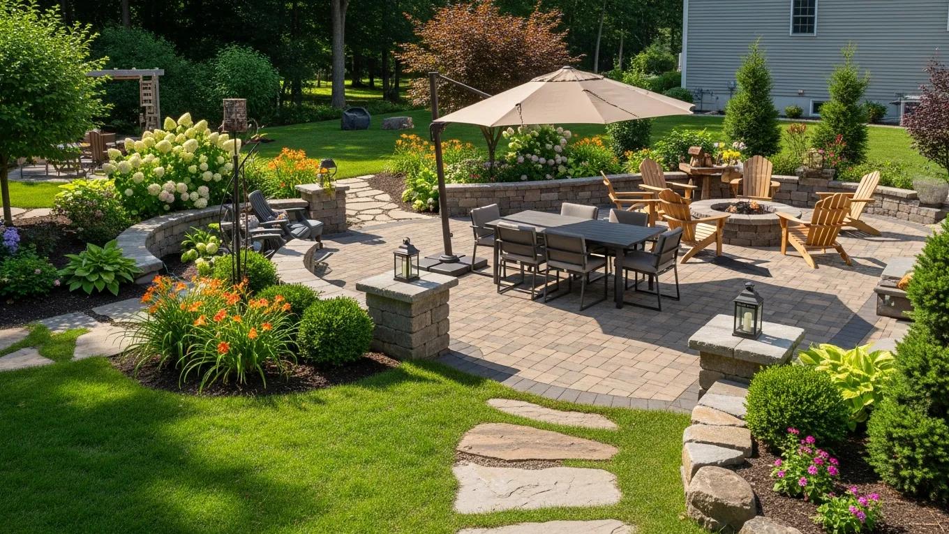 Beautifully landscaped outdoor space in Salem, NH, featuring a paver patio with dining table, Adirondack chairs around a fire pit, vibrant flowers, and lush greenery.