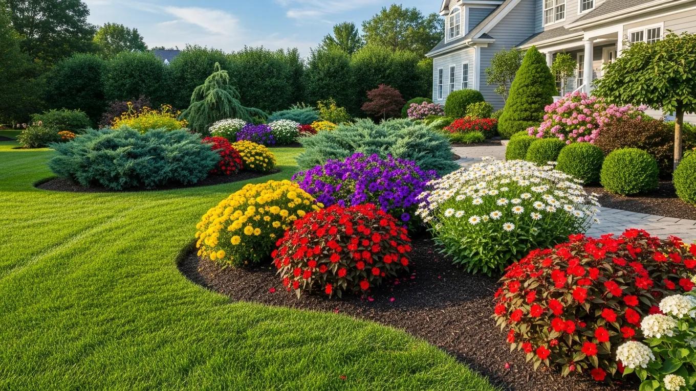 Beautifully maintained residential landscape in Nashua, NH featuring lush green lawns and vibrant flower beds with red, yellow, purple, and white blooms, showcasing professional landscape maintenance services.