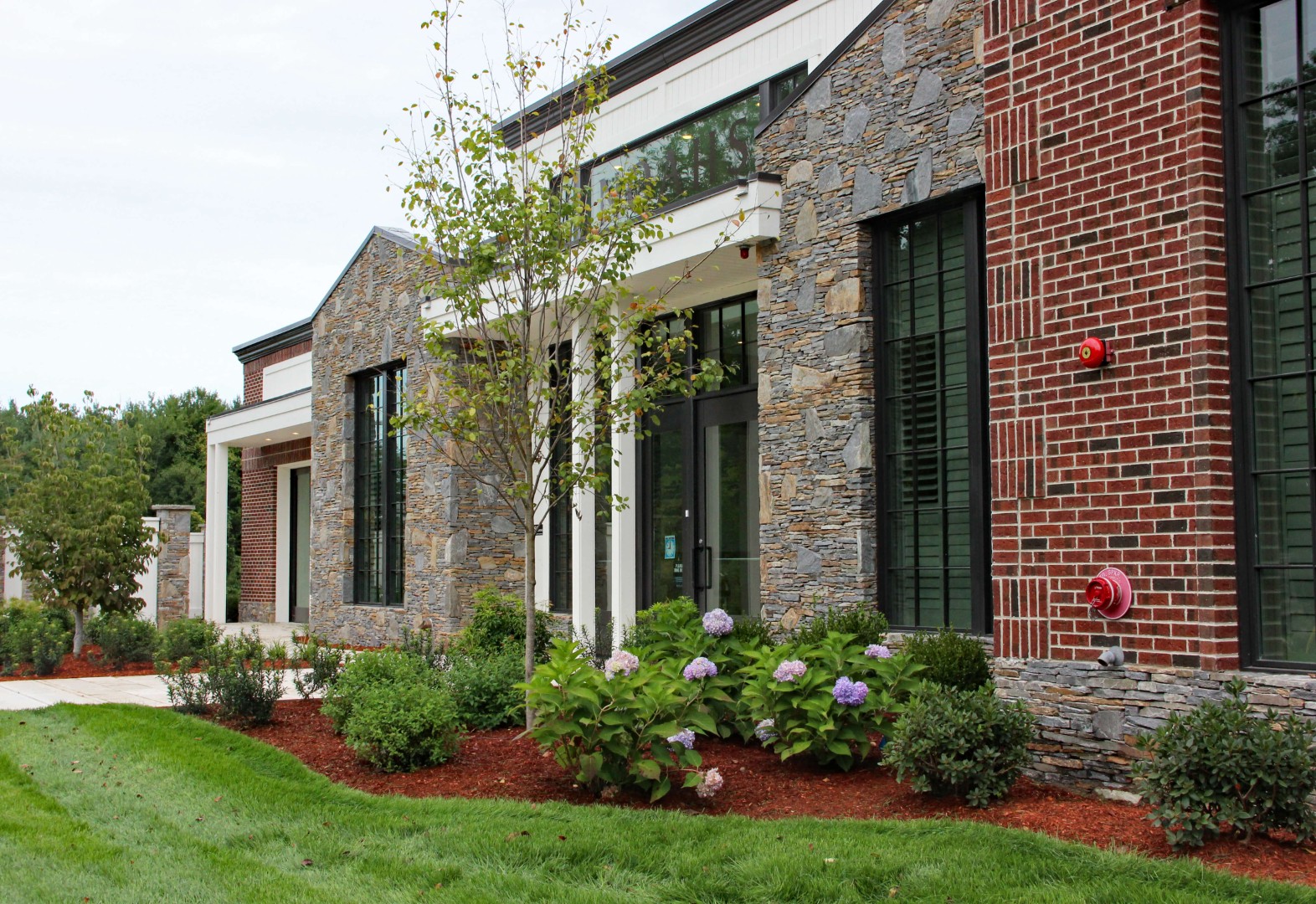 Modern commercial building exterior with stone and brick facade, landscaped with hydrangeas and shrubs, showcasing professional landscape maintenance in Derry, NH.