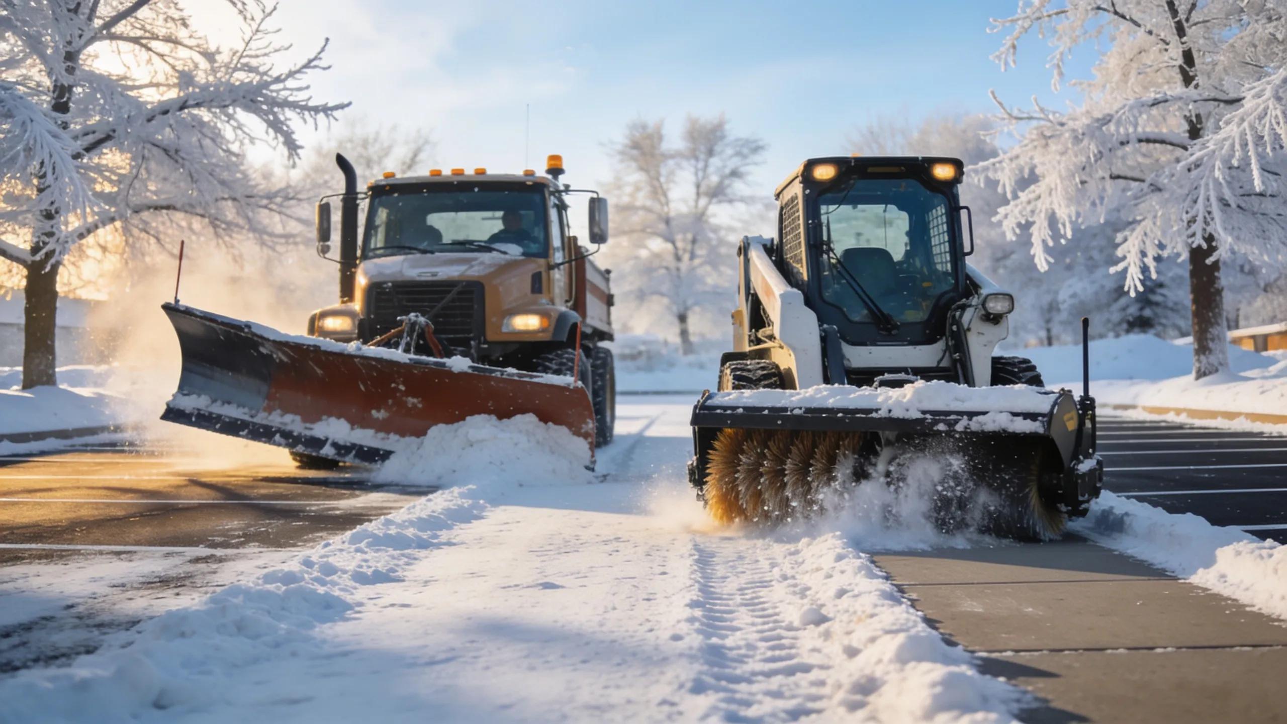 Snow plow and sidewalk clearing machine showcasing commercial snow removal services