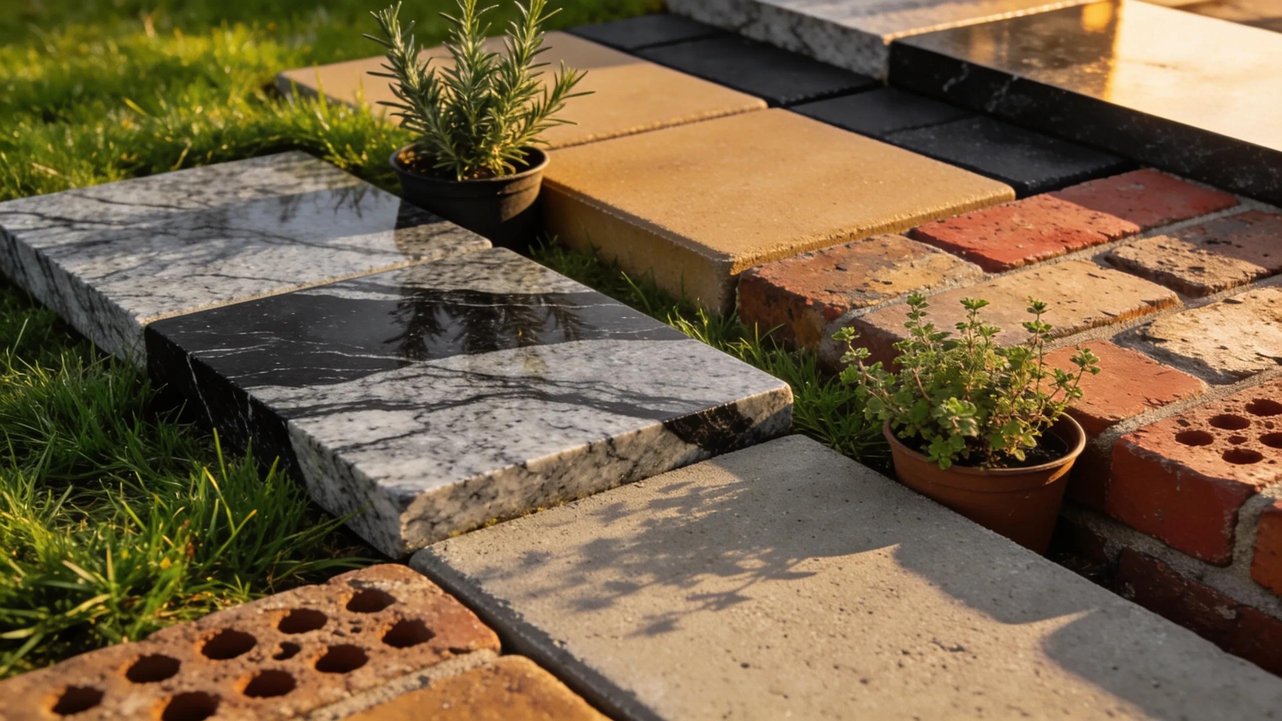 Variety of durable hardscape materials including granite, concrete pavers, and bricks for outdoor kitchens