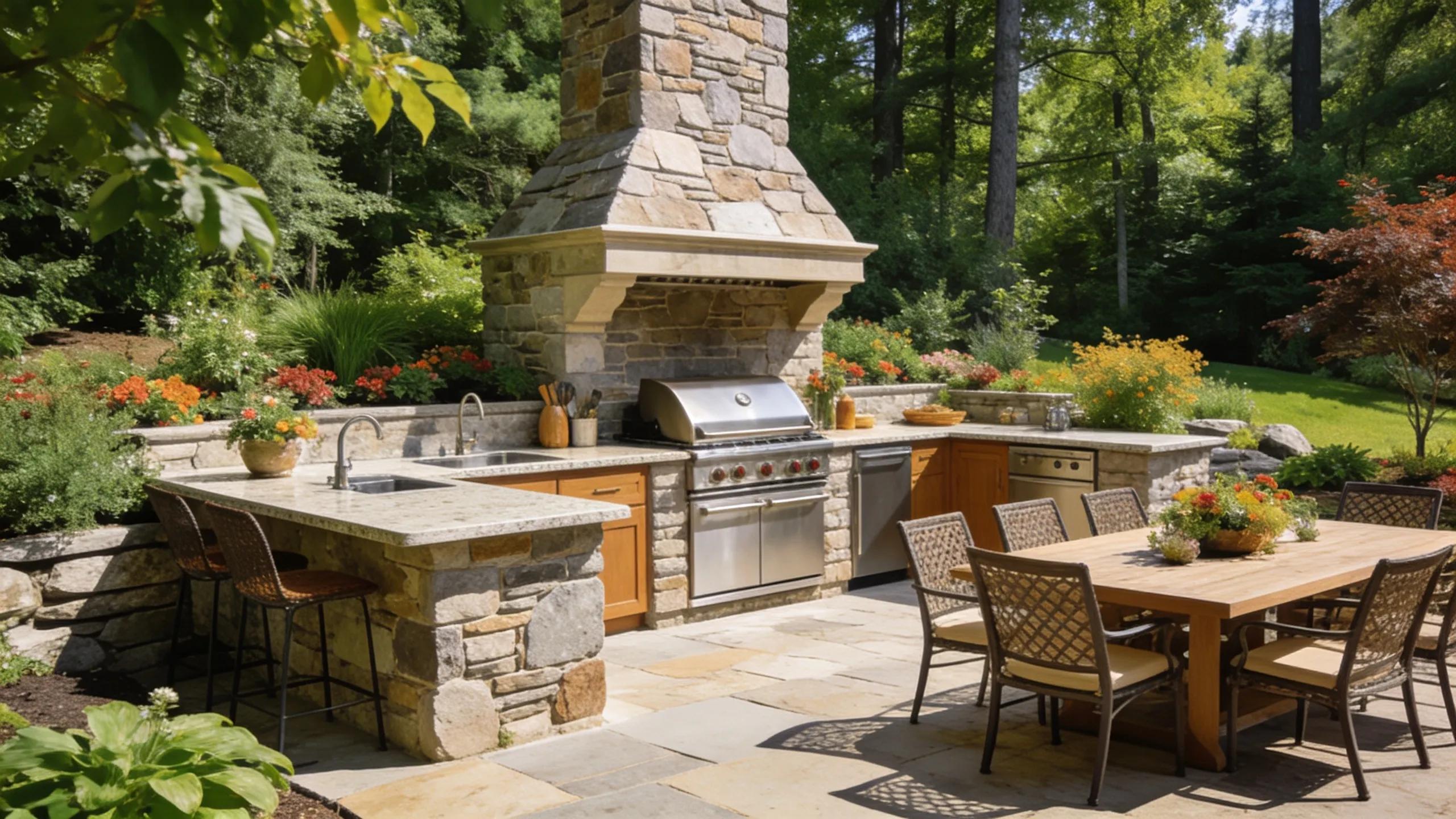 Elegant outdoor kitchen with stone masonry and dining space in a New Hampshire setting