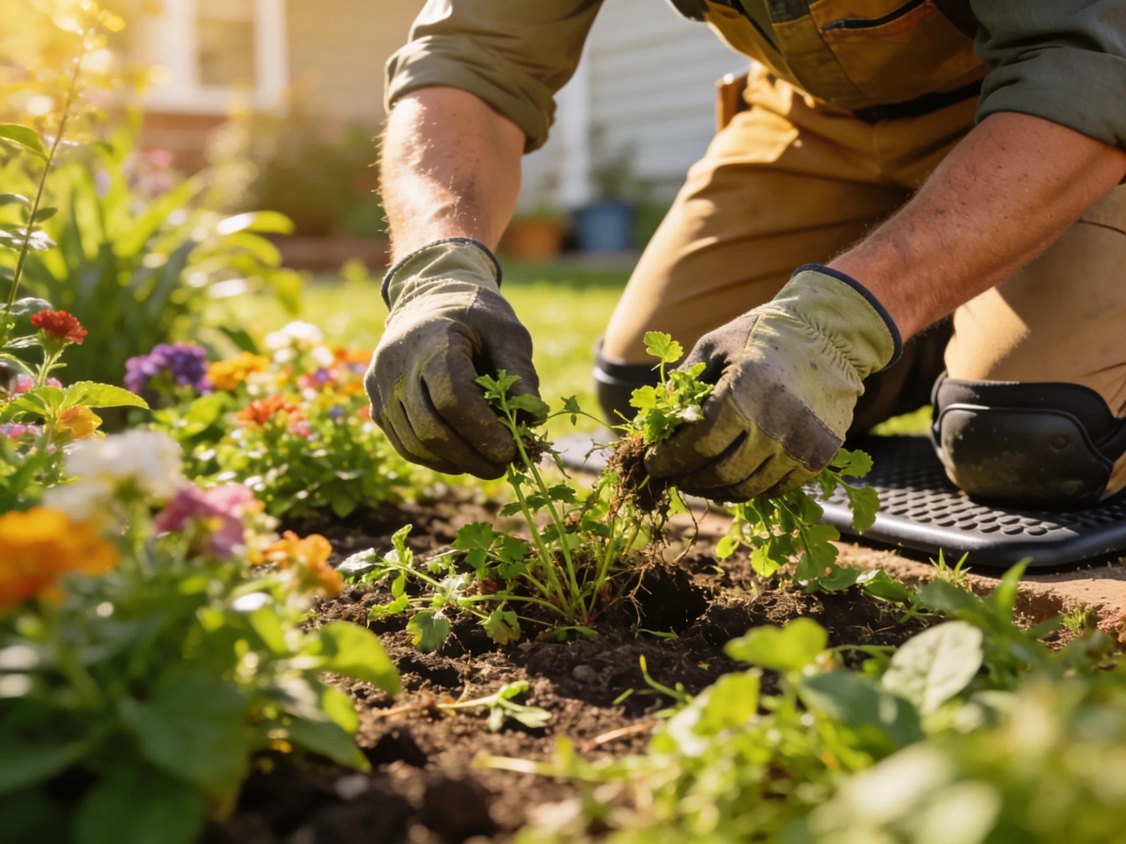 Landsaper removing weeds from a flower bed, promoting healthy plant growth