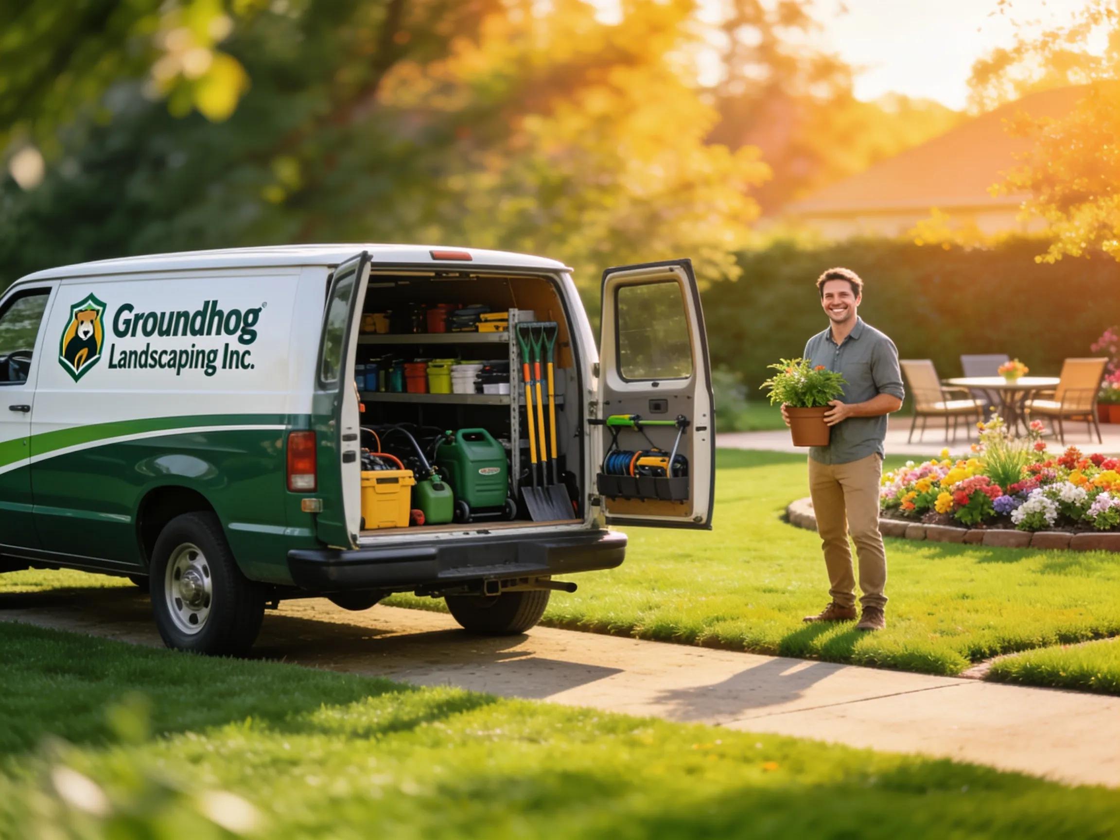 Groundhog Landscaping Inc. service vehicle next to a pristine lawn, reflecting reliable maintenance