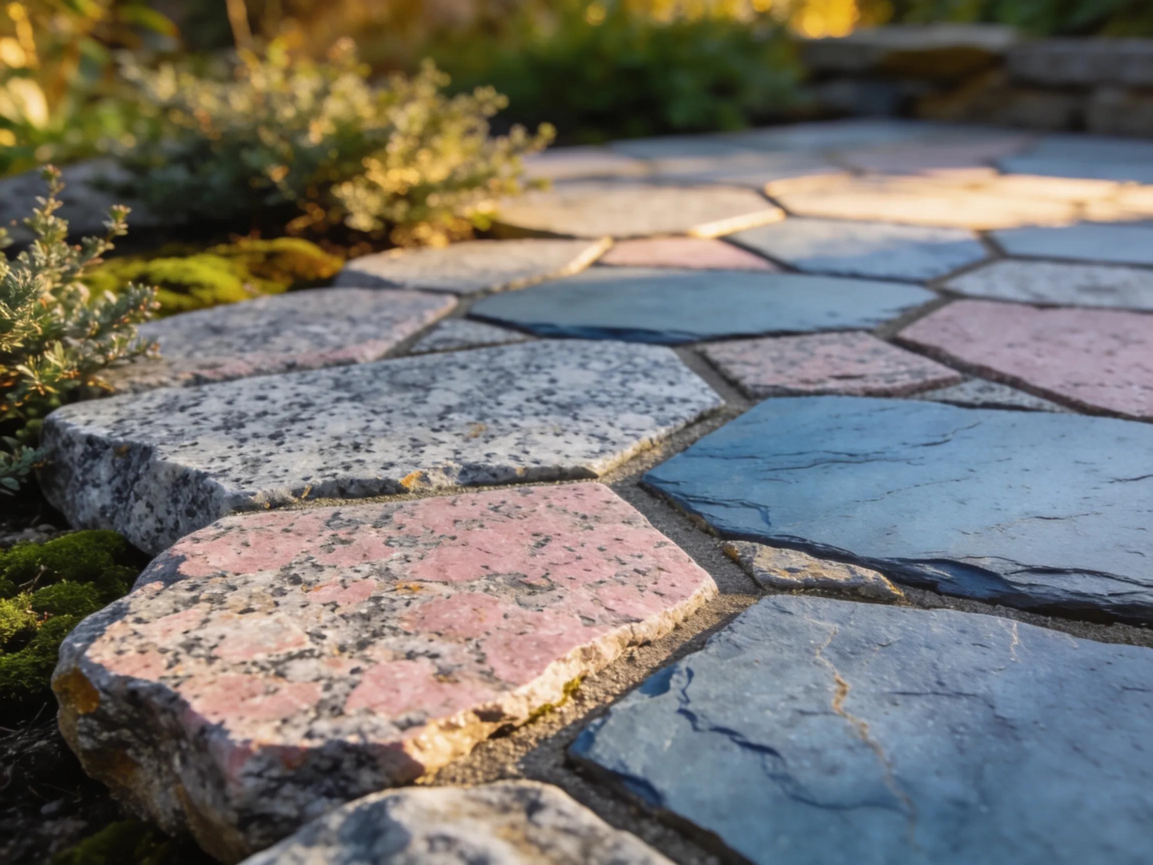 Close-up of stone masonry patio showcasing granite and bluestone materials