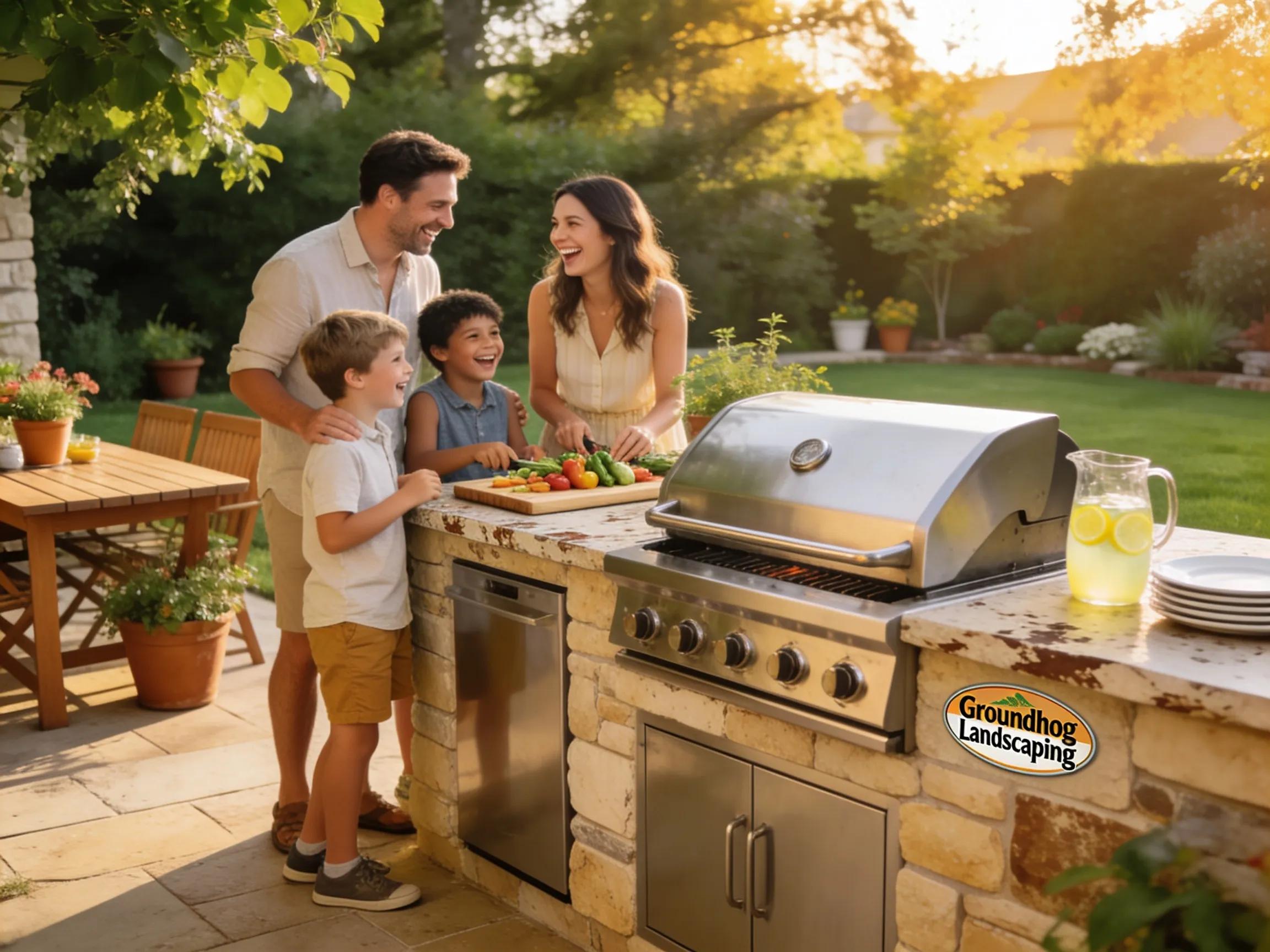 Family enjoying an outdoor kitchen designed by Groundhog Landscaping with stone elements