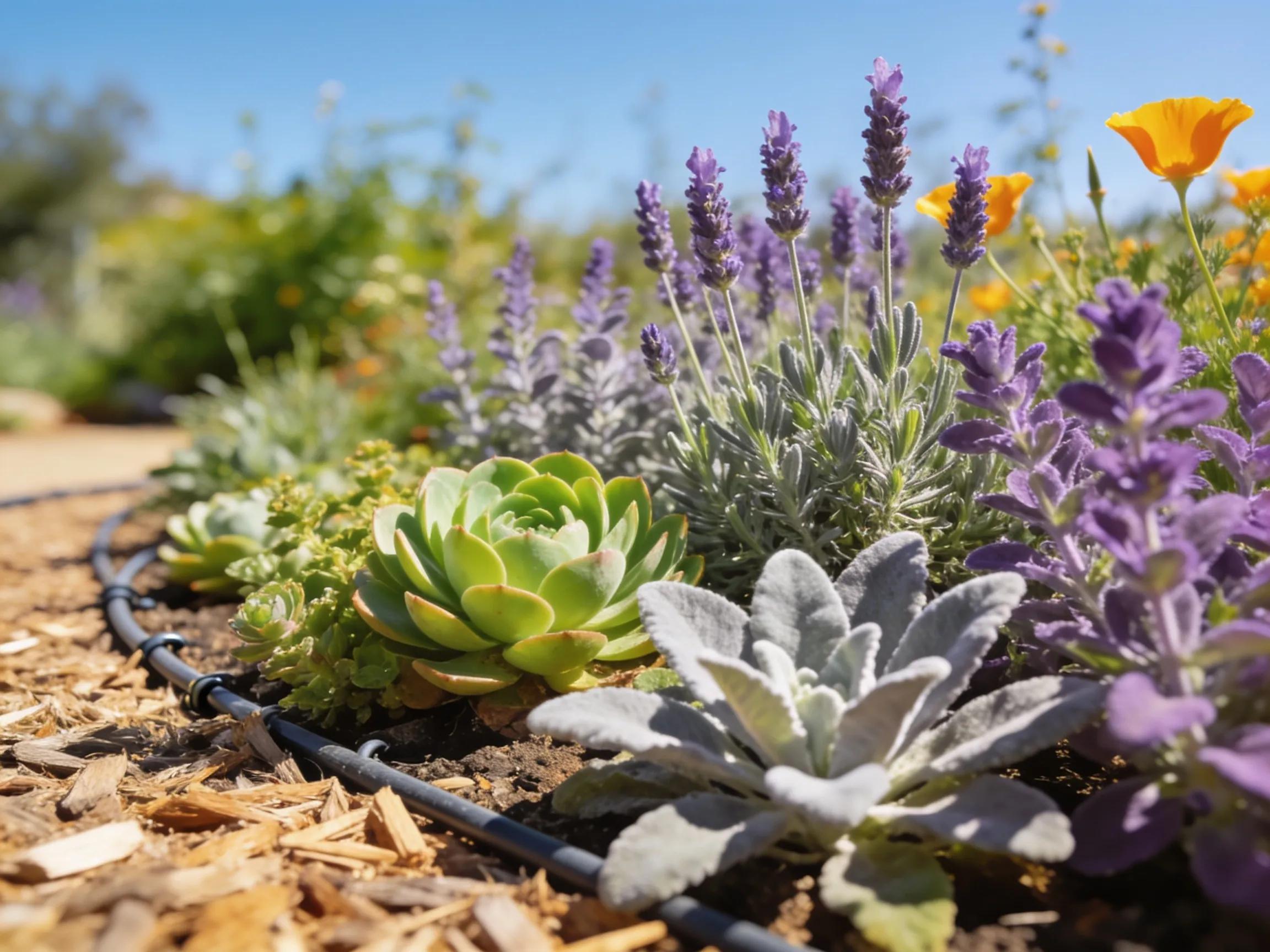 Drought-resistant and native plants in a garden bed designed for smart irrigation efficiency