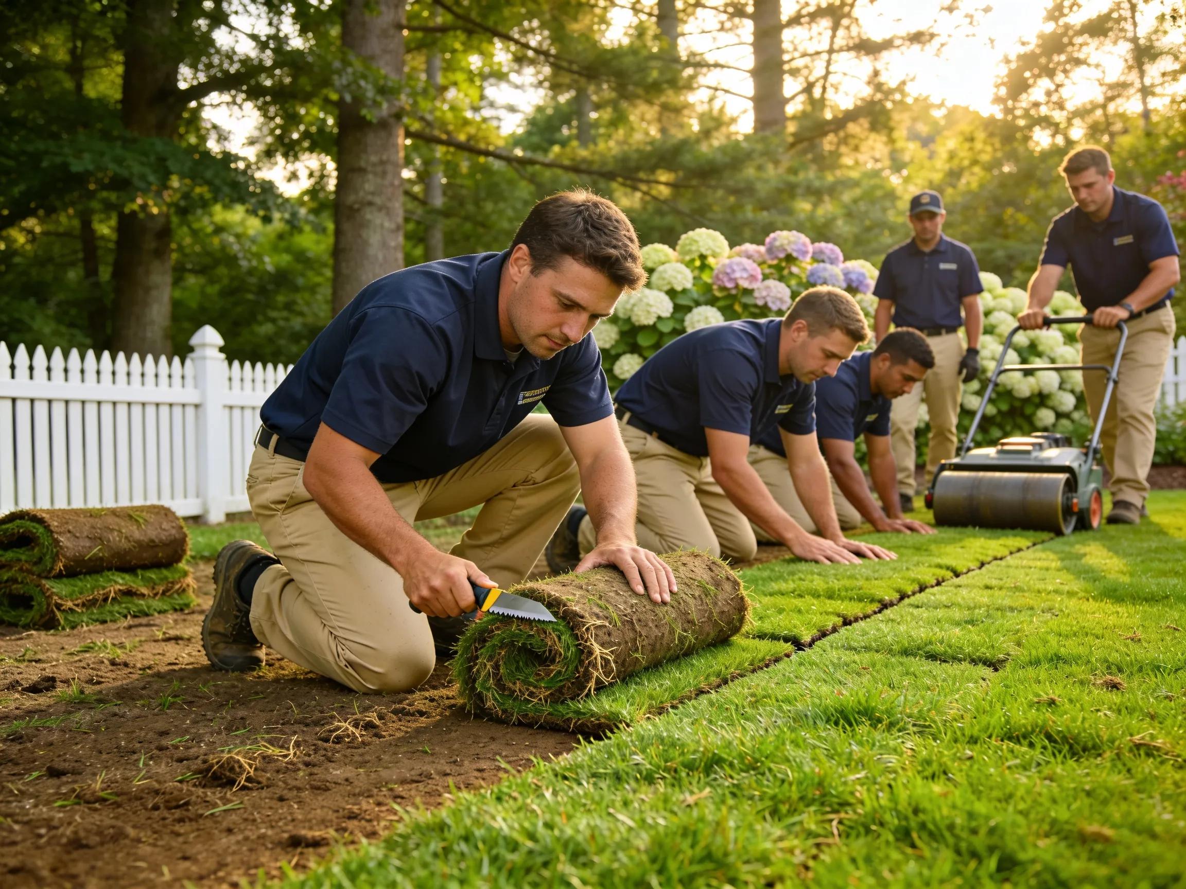 Professional team installing fresh sod in a New Hampshire yard, emphasizing quality and teamwork