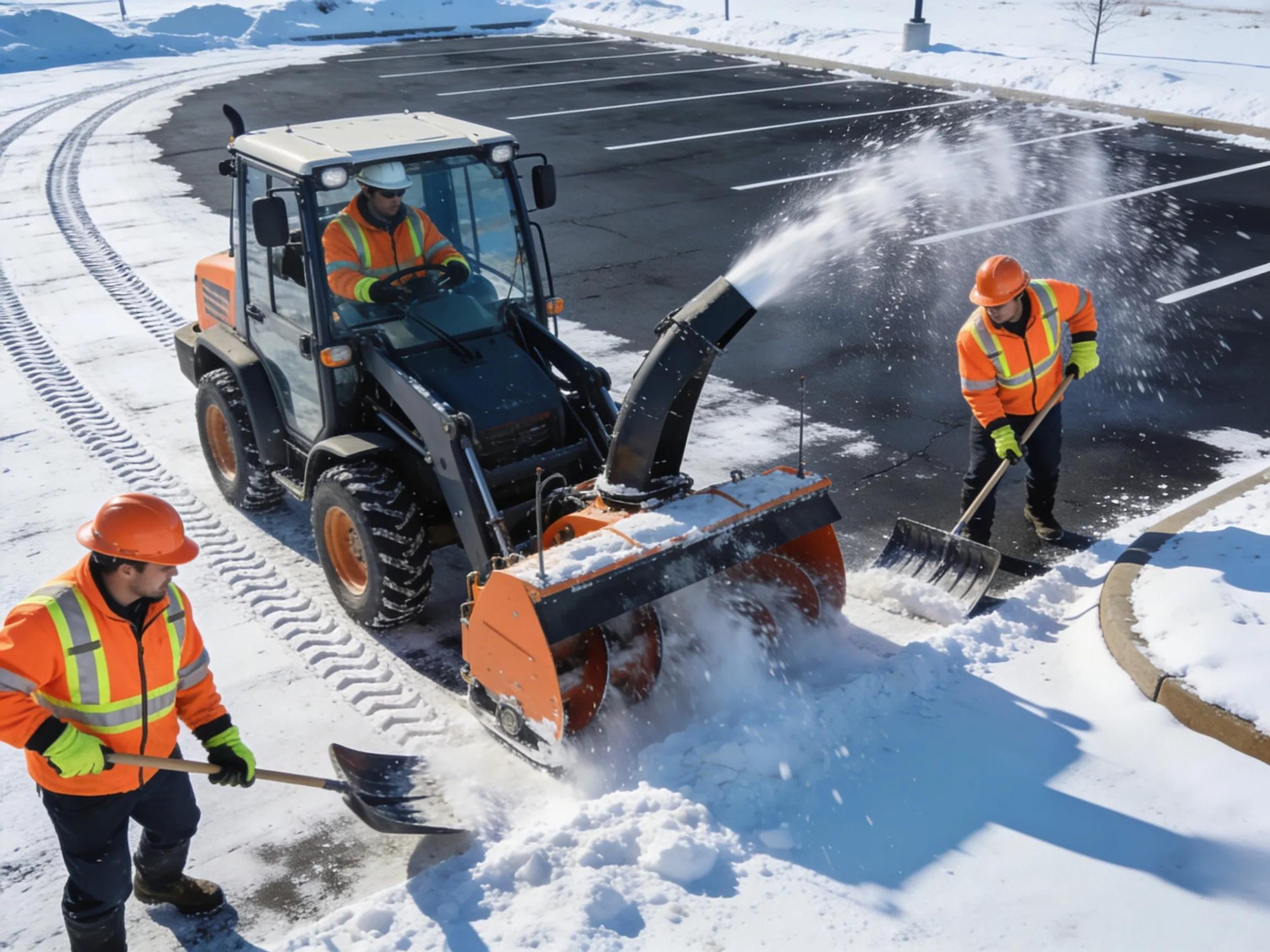 Team of snow removal professionals clearing snow from commercial parking lot