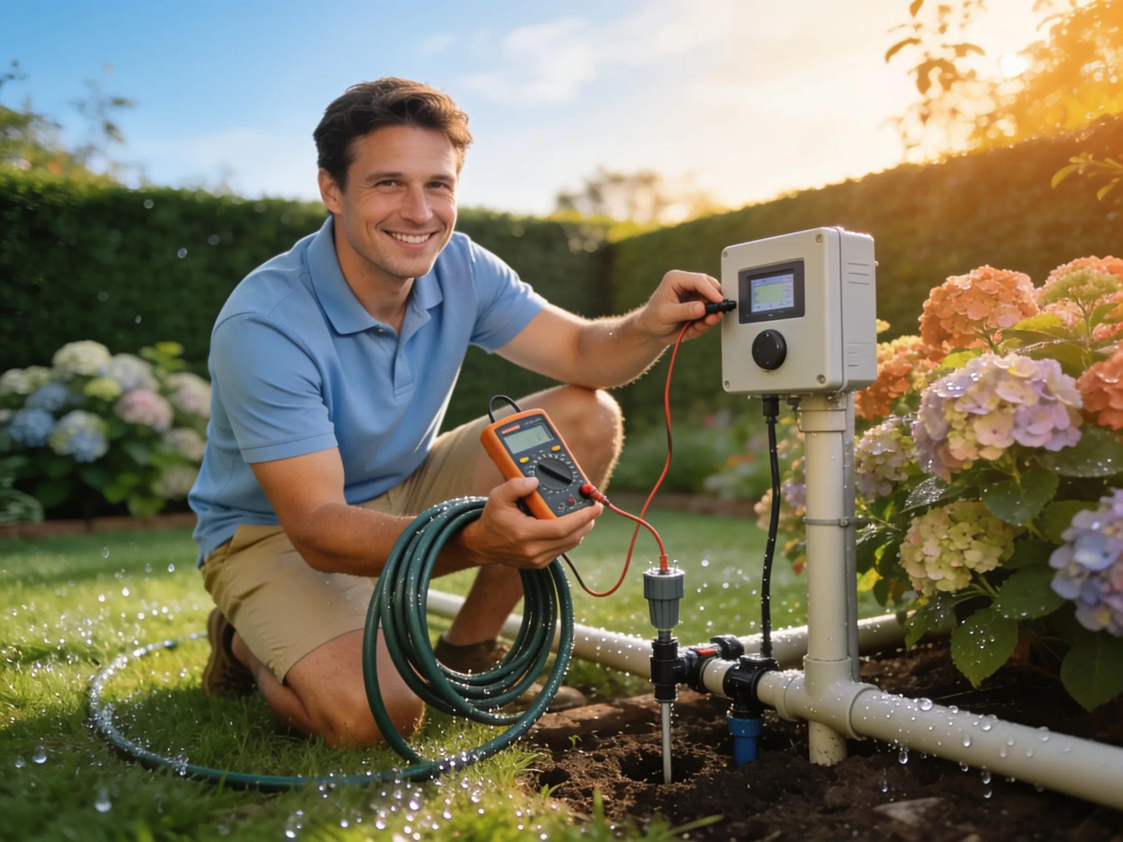 Homeowner checking and maintaining a smart irrigation system in a well-tended garden