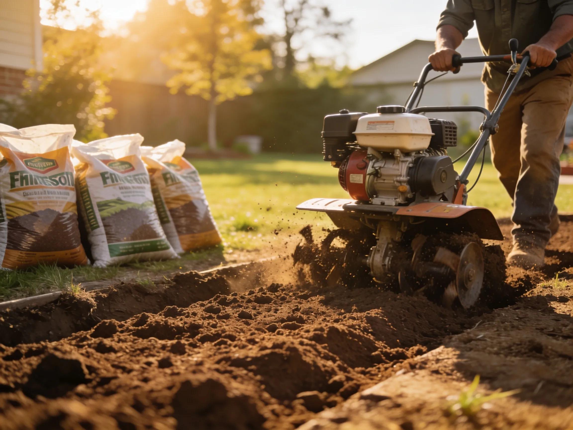 Landscape professional preparing soil with tiller and enriched soil for sod installation